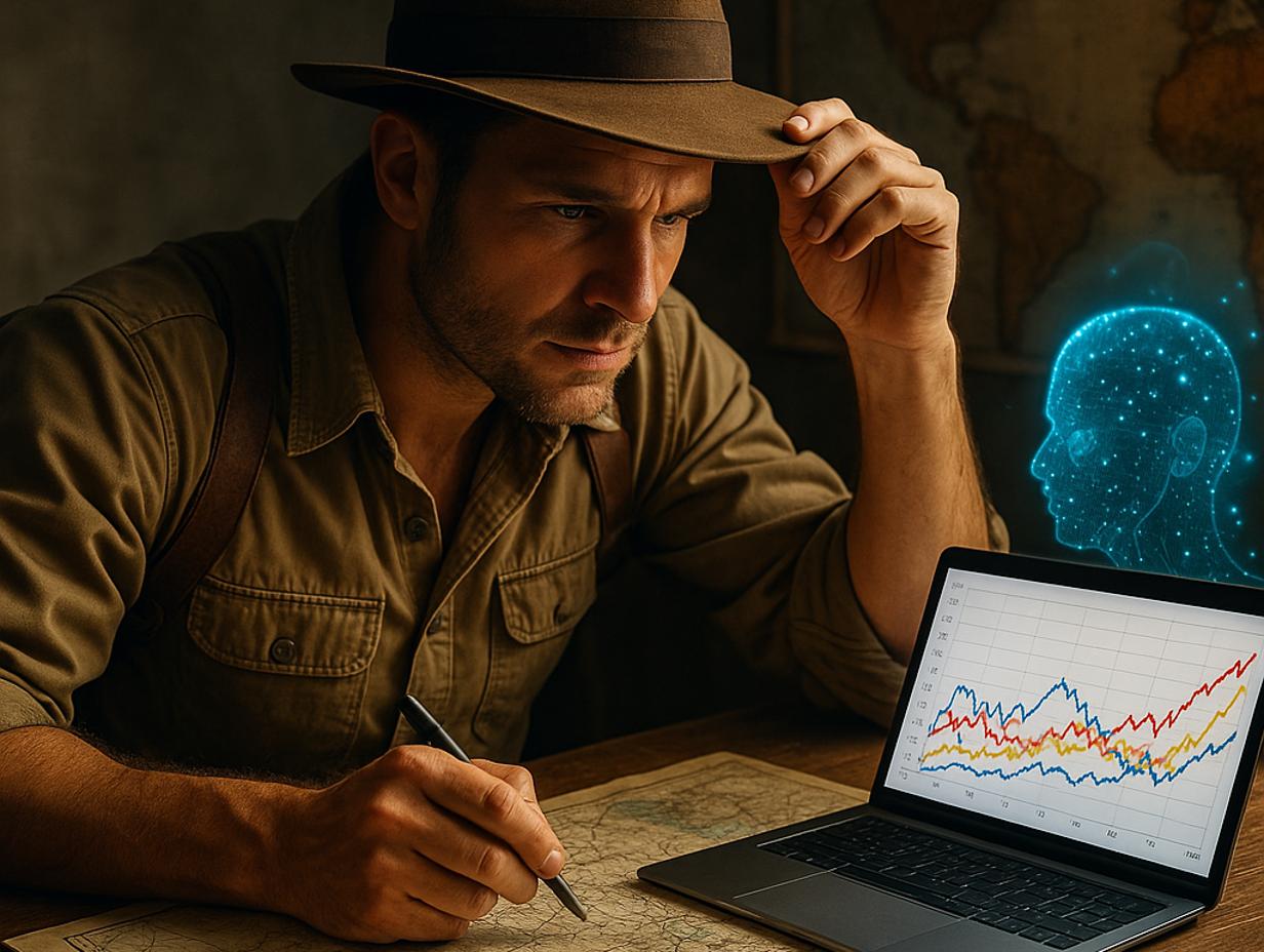 Esploratore moderno analizza mappe e dati, con intelligenza artificiale accanto