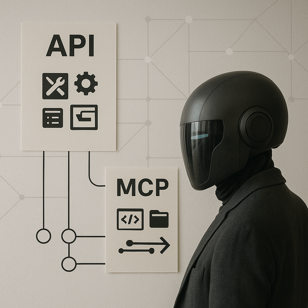 Un agente AI osserva strumenti e API mentre si forma una rete ordinata di interazioni